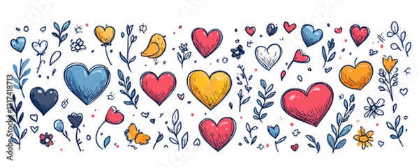 Fototapeta Colorful flat heart and nature icons set - vector style with birds and flowers.