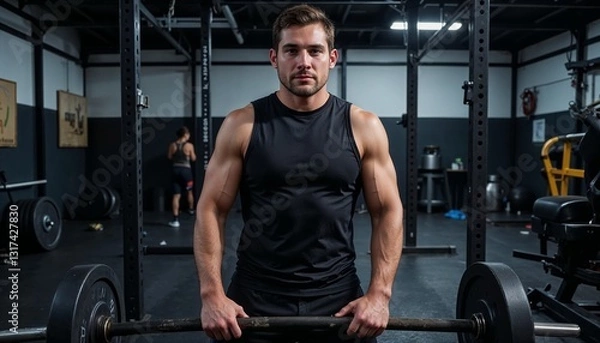 Fototapeta Muscular man lifting barbell in gym