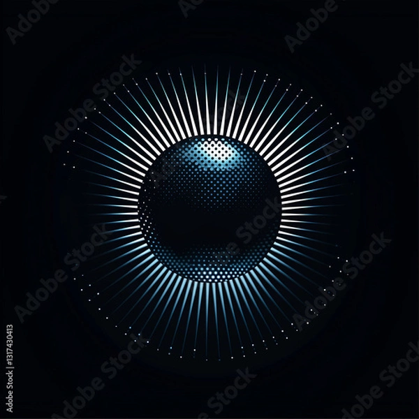Obraz "A dynamic and minimal dot-based logo, central sphere with radiating motion blur effects, futuristic blue and silver tones, sleek and elegant branding