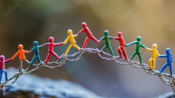 Fototapeta Business team work landing vector illustration. Group people achieve common goal, generate successful ideas, collaborate together to seek high results. Employee keep graph going up.