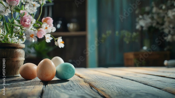 Fototapeta Easter eggs on a bright wooden surface with flowers and a blurred background