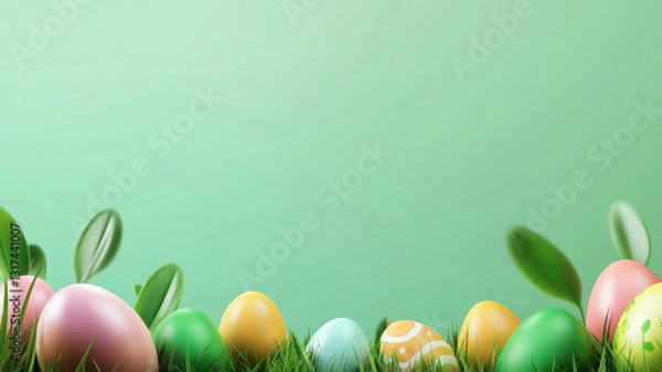 Fototapeta Colorful Easter eggs on green background with leaves
