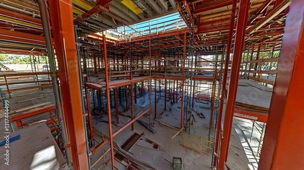 Fototapeta Interior construction site, building framework, daylight visible, workers visible, for construction industry marketing