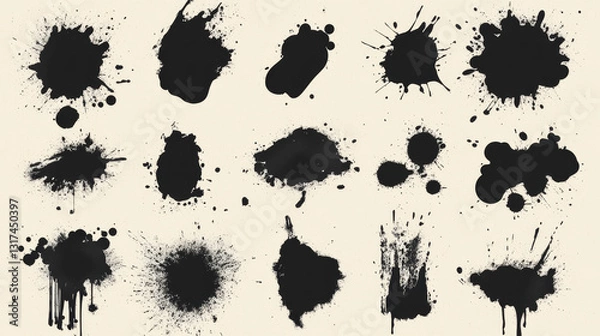 Fototapeta Vector set of ink splashes blots splatter collection grunge design element and art messy backdrop color dirty liquid shape spatter black white silhouette illustration