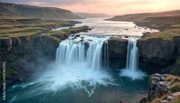 Obraz Serene Waterfall Over Rugged Cliff