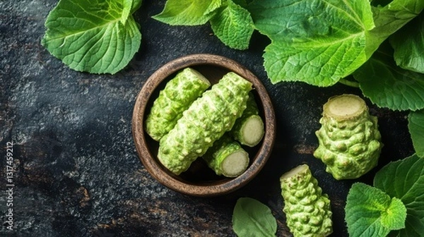 Obraz Fresh green veggies harvest wasabi root