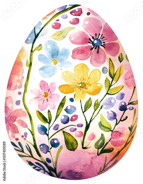 Fototapeta Vibrant Decorative Easter Egg in Pastel Watercolor Style with Floral Patterns and Botanical Elements