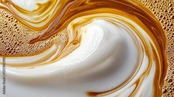 Fototapeta Close-up of a liquid substance, which appears to be coffee or milk. the liquid is a combination of white and brown colors, creating a swirl-like pattern.