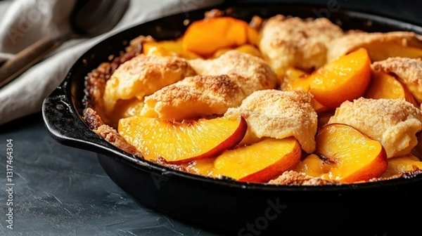 Fototapeta Close-up of a freshly baked peach cobbler in a black cast iron skillet. the dish is golden brown and has a crumbly, golden-brown crust on top.