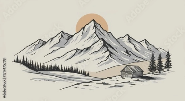 Obraz Stylized Mountain Range with Cabin