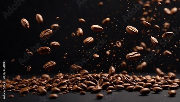 Fototapeta A Striking Presentation of Falling Delicious Coffee Beans on a Black Background for a Sophisticated Appeal