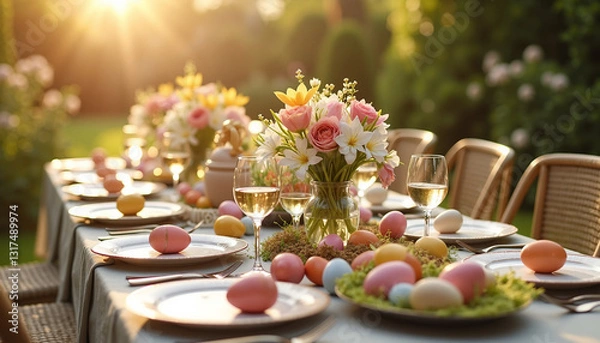 Fototapeta Elegant Easter table setting with flowers and colorful eggs