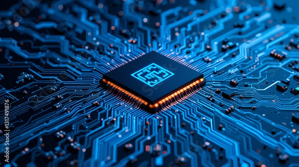 Fototapeta glowing microchip on blue circuit board, showcasing intricate electronic pathways and connections, symbolizing advanced technology and innovation in computing