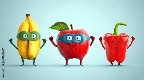 Fototapeta Superhero fruits fruity cartoon character of expression vegetables with funny super hero apple, banana and pepper in mask illustration fruitful vegetarian diet set isolated on background
