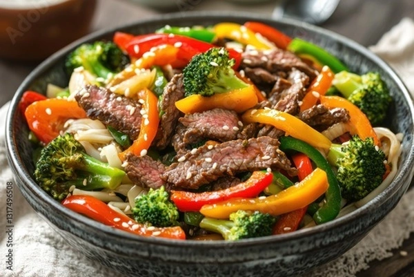Fototapeta Colorful stir-fry in bowl. Includes noodles, beef, broccoli, and peppers