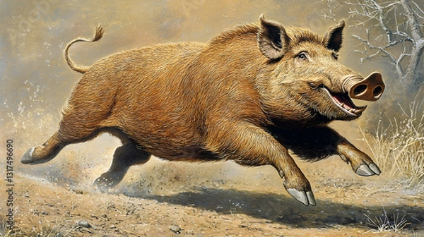 Fototapeta Wild boar running across savanna, dust flying, trees in background; wildlife art print
