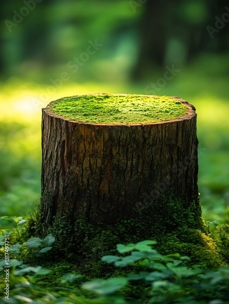 Fototapeta Moss growing on tree stump in lush forest setting