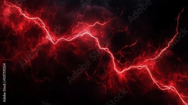 Fototapeta Fiery Red Lightning Bolts Striking Across Dark Night Sky Dramatic Weather Phenomenon Intense Electrical Storm