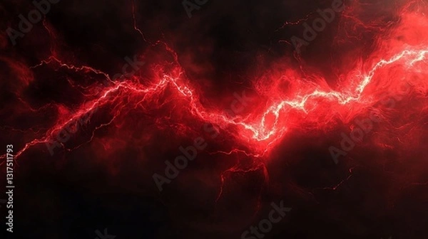 Fototapeta Fiery Red Lightning Bolt Across Dark Sky Abstract Art Background Wallpaper