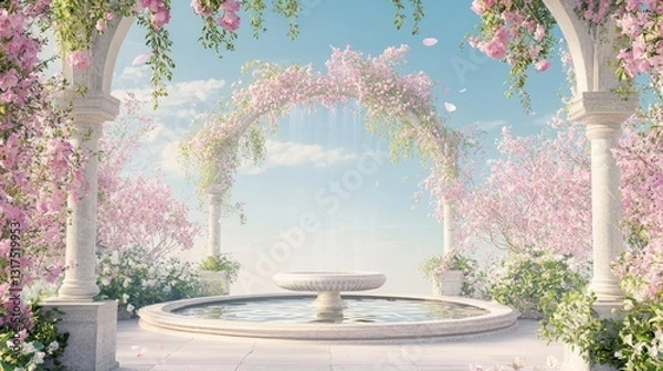 Obraz Serene Floral Archway Under Soft Light with Calm Water Fountain