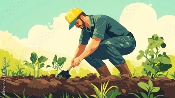 Fototapeta  Local agricultural worker planting crops, young male farmer using a shovel to plant seedlings in the soil