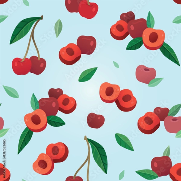 Obraz Cherry berries groups and leaves pattern