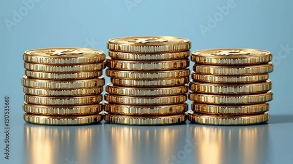 Fototapeta Golden coin stacks, three piles, arranged nicely. Reflections on a blue surface