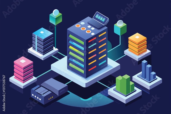 Fototapeta An isometric design showcasing various servers connected, highlighting customizable server status features, Server status Customizable Isometric Illustration