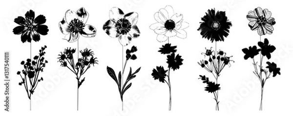 Fototapeta Y2K aesthetic wild flower heads, retro photocopy effect, grunge stipple texture, vector illustration, trendy design, ideal for t-shirt prints, sweatshirt graphic, poster, tee design