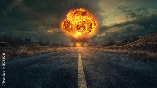 Obraz Asphalt road leading to a nuclear explosion, depicting the catastrophic path of a nuclear disaster