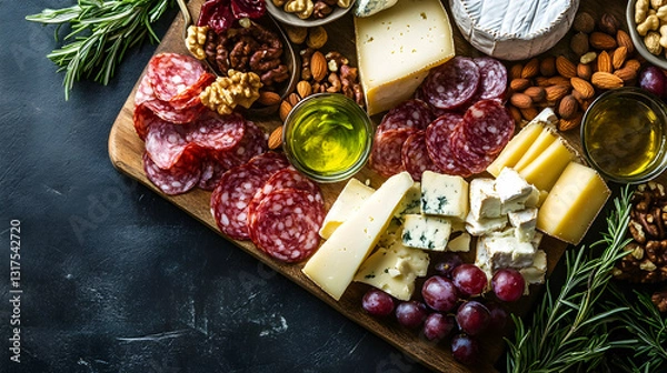 Obraz Beautifully arranged charcuterie board with cheeses and nuts