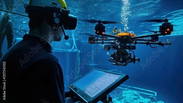 Fototapeta Deep-sea research: AI-driven drone exploration with human oversight in aquatic habitat