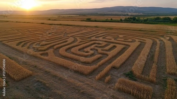 Obraz Aerial View Stunning Sunset Corn Maze Farm