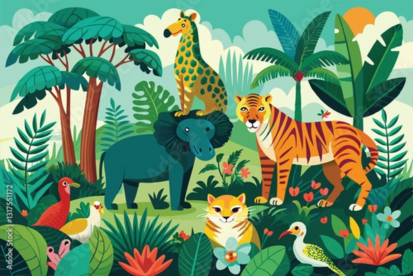 Fototapeta Colorful jungle animals like a lion, tiger, and giraffe coexist with exotic plants in a vibrant ecosystem, set of isolated jungle animals and tropical plants - vector illustration