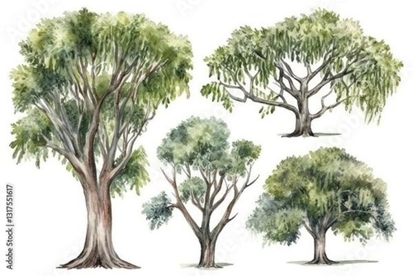 Fototapeta Watercolor Illustration of Four Trees in Various Sizes and Shapes