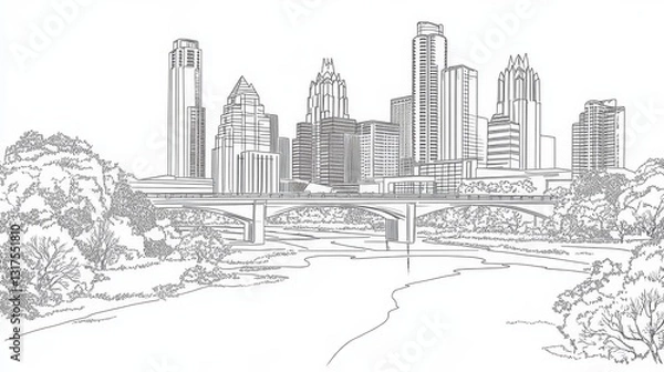 Fototapeta Austin Skyline Coloring Page - Line art coloring page depicting the Austin, Texas skyline, featuring a river, bridge, and city buildings. Symbolizes urban landscape, nature, architecture, city life