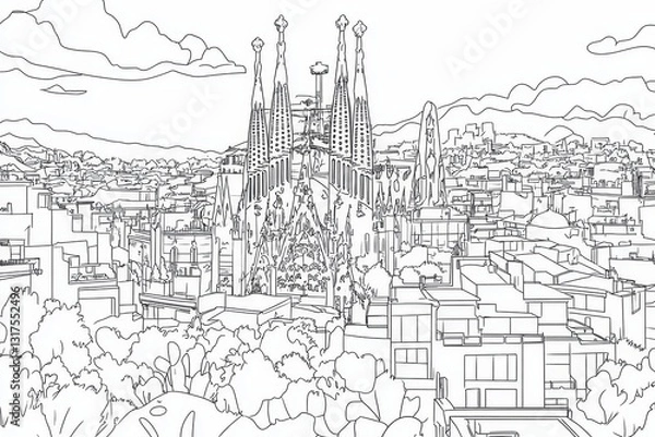 Fototapeta Barcelona Skyline Coloring Page - A detailed line art coloring page depicting the Barcelona skyline, featuring the Sagrada Familia and surrounding cityscape. Symbolizing architecture, travel