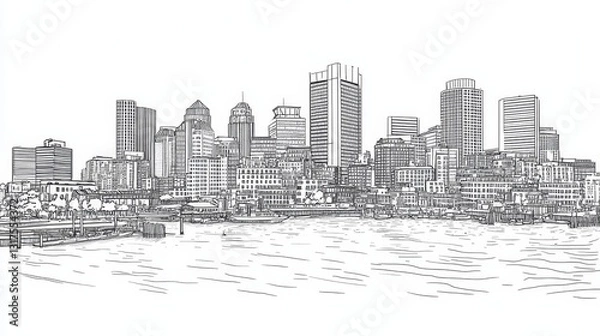 Fototapeta Boston Skyline Line Art Coloring Page - A detailed line art drawing of the Boston, Massachusetts skyline perfect for coloring. Symbolizes urban architecture, cityscapes, history, maritime life