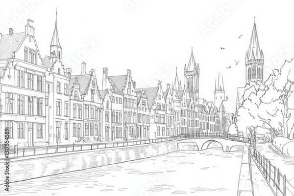 Fototapeta Bruges Canal Line Art Coloring Page - A charming line art coloring page depicting a picturesque canal scene in Bruges, Belgium. Symbolizing tranquility, history, architecture, travel, and artistry
