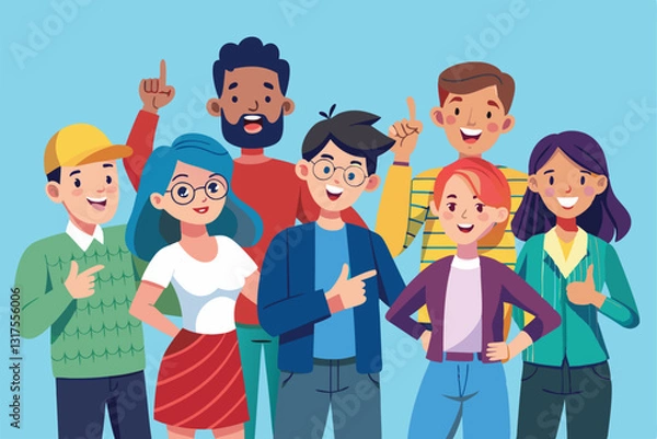 Fototapeta A cheerful group of friends joyfully points fingers in excitement, celebrating their time together, Set of people pointing their fingers,