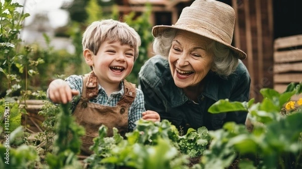 Fototapeta Heartwarming intergenerational connection captured in a garden of laughter and joy