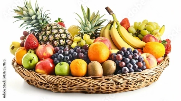 Fototapeta A basket of tropical fruits, including pineapples,grapes,apples, oranges, bananas, strawberries