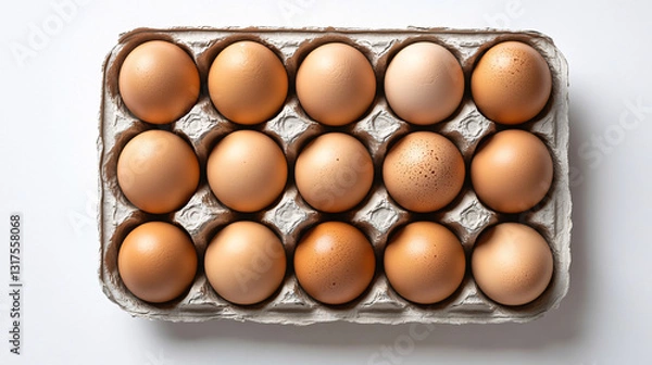 Fototapeta A top-down view of a carton filled with smooth brown eggs neatly arranged in an eco-friendly packaging tray

