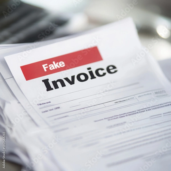 Fototapeta Stack of papers with a prominently labeled fake invoice on top, highlighting fraudulent activities in business transactions.
