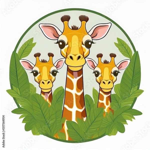 Fototapeta logo badge dessin animaux en groupe, girafe mignonnes en famille en ia