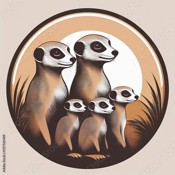 Fototapeta logo badge dessin animaux en groupe, suricates mignons en famille en ia