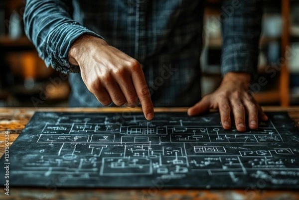 Fototapeta Hands reviewing intricate chalk design on dark surface