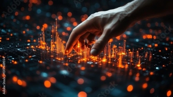 Fototapeta Fingertip interacts with glowing digital cityscape