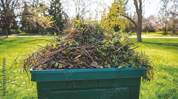 Obraz Green bin overflowing with yard waste in a sunny park setting