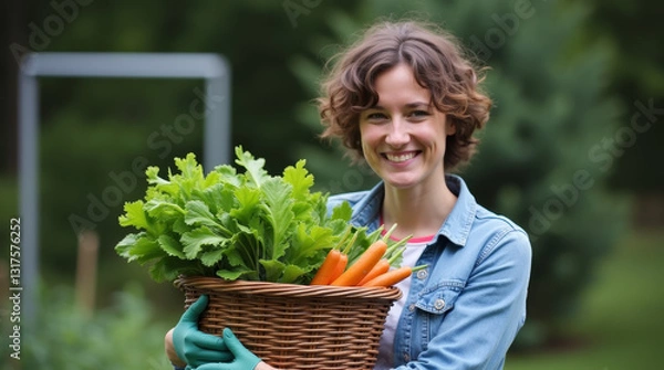 Fototapeta girl with a wicker basket of vegetables 